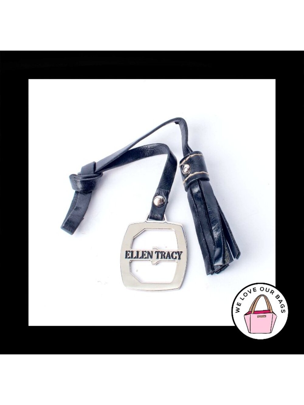 ELLEN TRACY Black Leather TASSEL Strap Nickel Fob Bag Charm Keychain Hang Tag - Picture 1 of 2